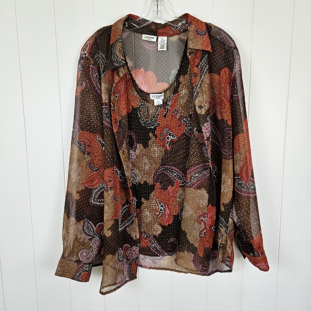 Sheer Button Up Blouse Tank Set Brown Paisley Print Long Sleeve Womens 1x Office